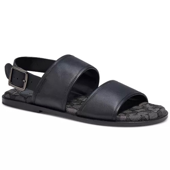Coach Men's Two Strap Black Leather Sandal with Signature Jacquard Footbed - Picture 1 of 8